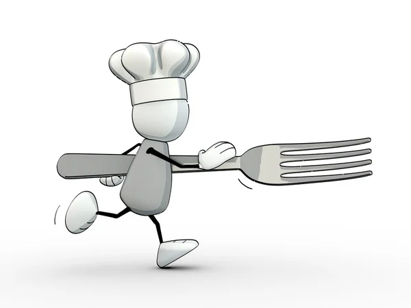 Little sketchy man with chef's cap running quickly  with a fork — Stock Photo, Image