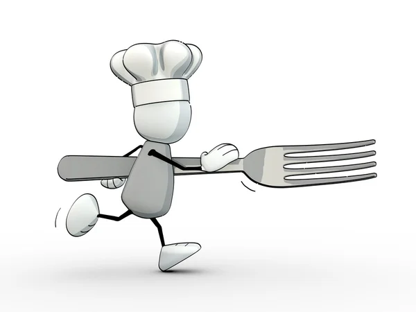 Pequeño hombre incompleto con gorra de chef corriendo rápidamente con un tenedor Imagen De Stock