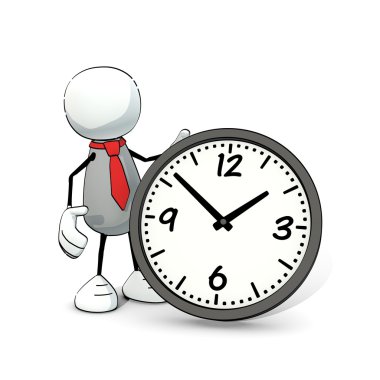 Kırmızı kravatlı bir saat ile küçük yarım yamalak adam (3d)