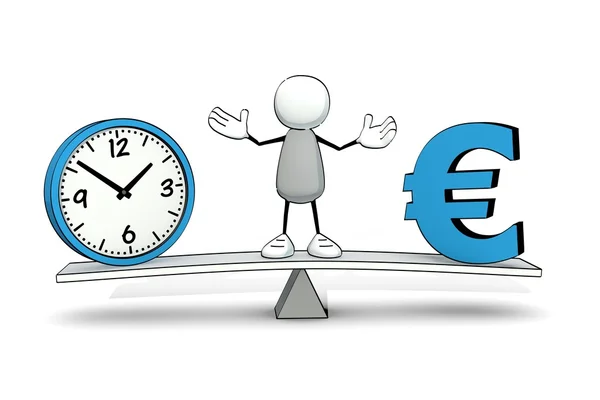 Lite skissartad man på en vippa med klocka och Euro-symbolen (3d) — Stockfoto