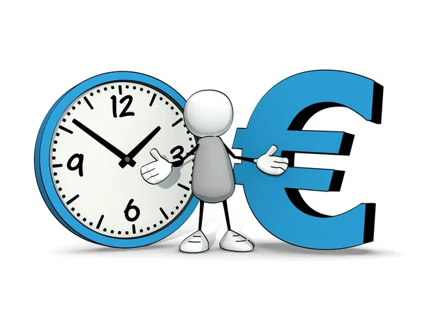 Pequeño hombre incompleto con gran reloj y símbolo del euro (3D ) — Foto de Stock