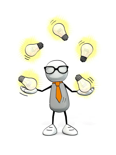 Little sketchy man with tie and glasses juggling with glowing light bulbs — Stock Photo, Image