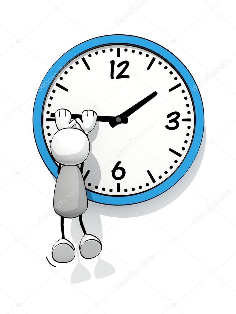 Little sketchy man hanging on the minute hand of a clock — Stock
