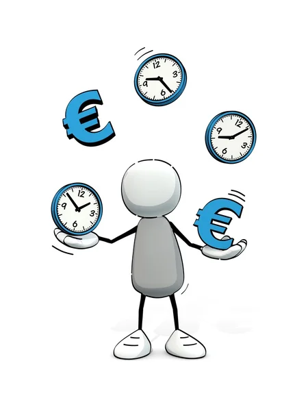 Liten skissartad man Jonglering med klockor och eurotecknen — Stockfoto