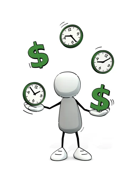 Little sketchy man juggling with clocks and Dollar symbols — Stock Photo, Image