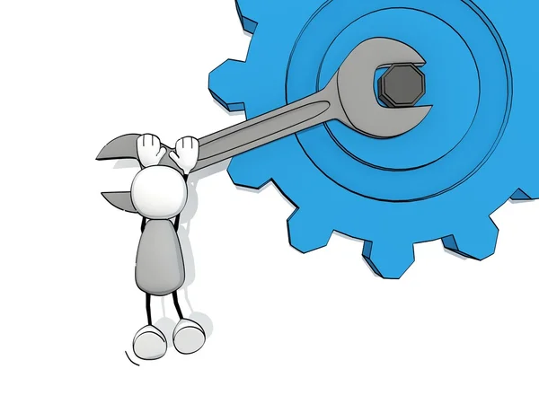 Mały człowiek szkicowy mocowania duże koło zębate z kluczem — Zdjęcie stockowe