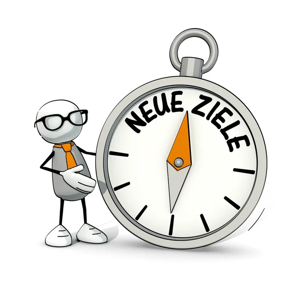 Little sketchy man with tie and glasses and compass - new aims (german: Neue Ziele) — Stock Photo, Image