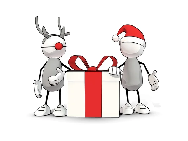 Little sketchy man with santa hat and reindeer leaning on a big gift box — Stock Photo, Image