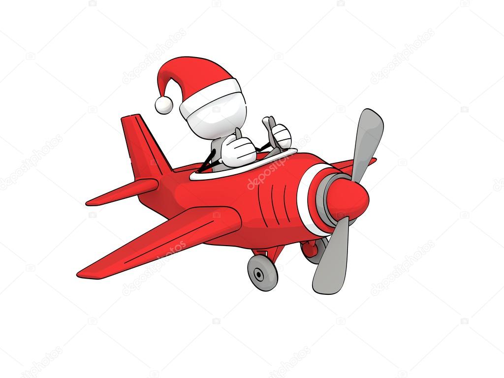 Little sketchy man with santa hat flying in a red plane