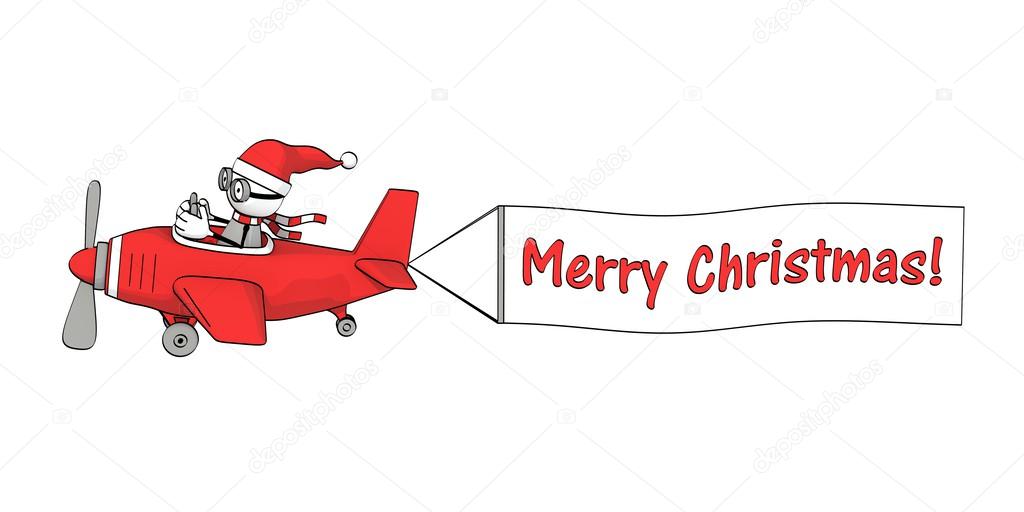 Little sketchy man with santa hat flying in a red plane with 