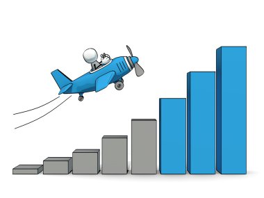 Little sketchy man in a blue plane flying up an increasing a bar chart clipart