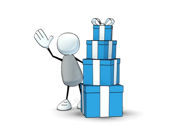 Little sketchy man with a pile of blue gift boxes — Stock Photo, Image