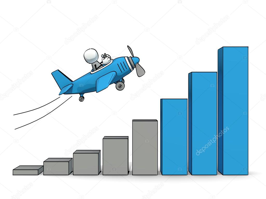 Little sketchy man in a blue plane flying up an increasing a bar chart