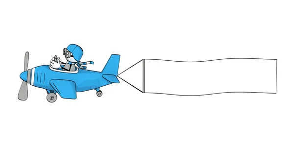 Little sketchy man flying in a blue plane with banner — Stock Photo, Image