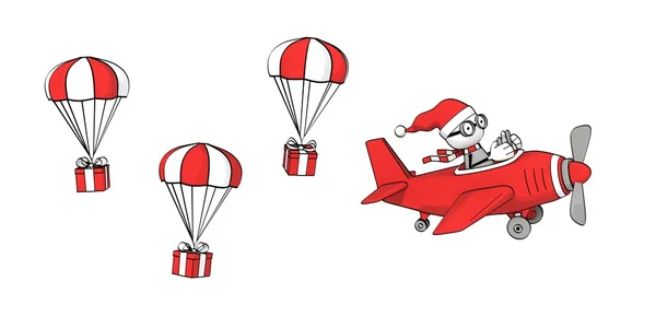 yarım yamalak adam Noel Baba şapkası kırmızı bir uçak ve hediye kutuları paraşüt ile uçan