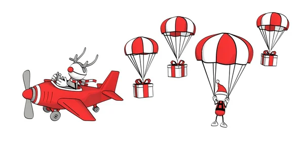 Маленький ескізний чоловік олень в літаку і Санта з парашутом — стокове фото