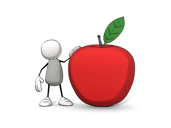 Маленький странный человечек с большим красным яблоком — стоковое фото