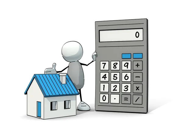 Little sketchy man with calculator and a blue house — Stock Photo, Image