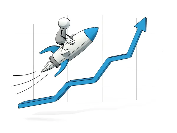 작은 스케치 남자 증가 차트를 블루 로켓 비행 — 스톡 사진