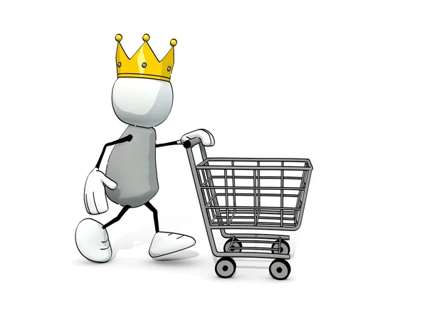 Little sketchy man with king crown and shopping cart — Stock Photo, Image