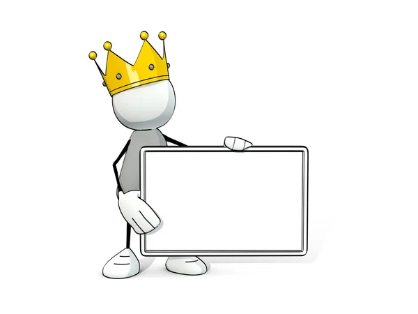 Little sketchy man with king crown and  white board — Stock Photo, Image