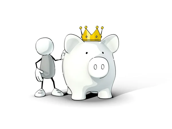 Mały człowiek szkicowy i piggy bank z korona król — Zdjęcie stockowe
