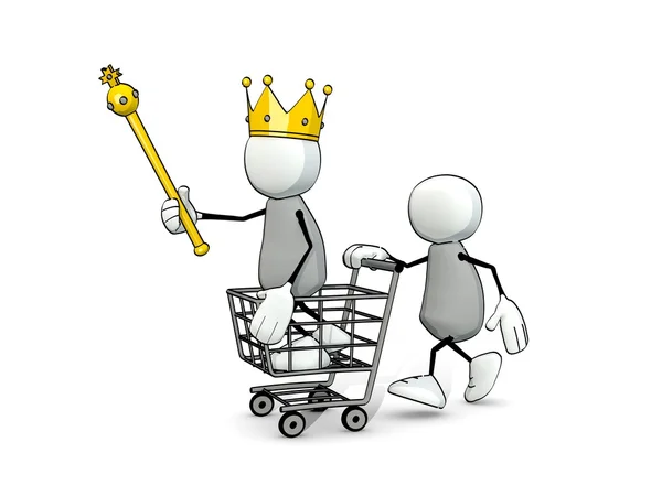 Pequeños hombres incompletos con corona de rey y carrito de compras — Foto de Stock