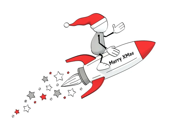 Kleiner skizzenhafter Mann mit Weihnachtsmütze fliegt auf einer roten Rakete — Stockfoto