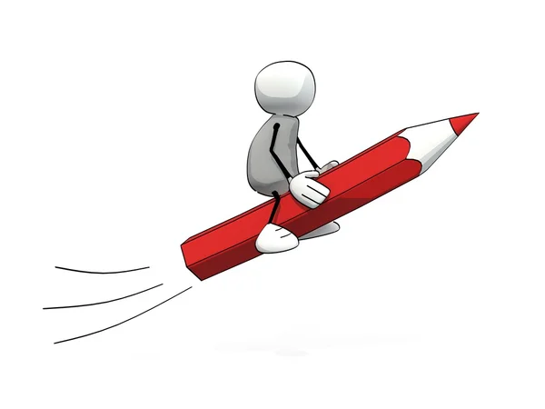 Pequeno homem esboçado voando em um lápis vermelho — Fotografia de Stock