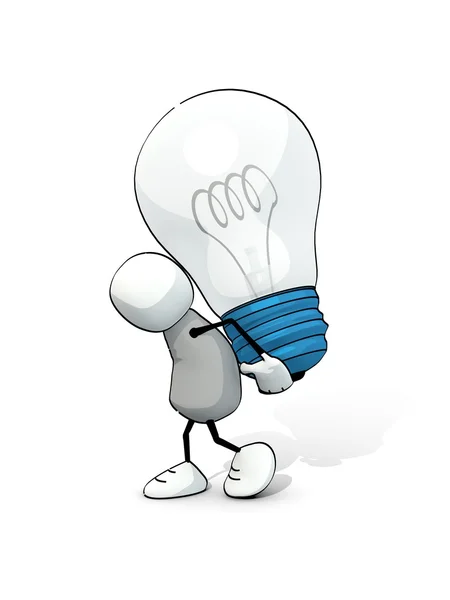 Little sketchy man carrying a blue light bulb on his back — Stock Photo, Image