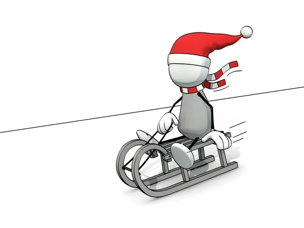 Little sketchy man with santa hat riding on a sledge — Stock Photo, Image