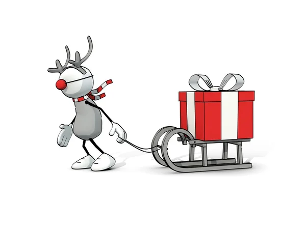 Little sketchy man - reindeer pulling a big red gift box on a sledge — Stock Photo, Image
