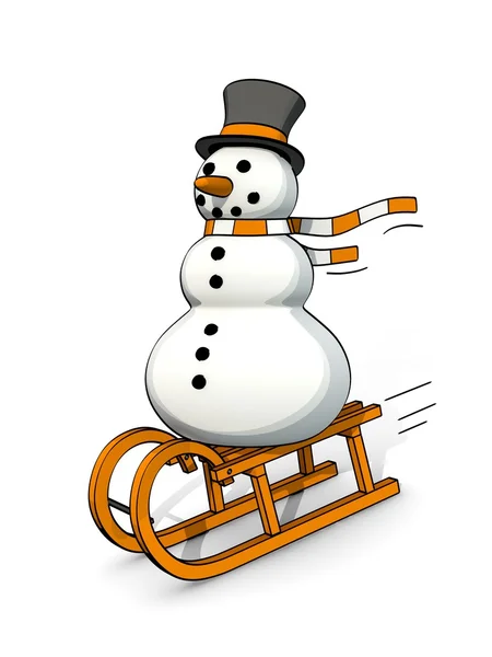 Little sketchy snowman riding on a sledge — Stock Photo, Image