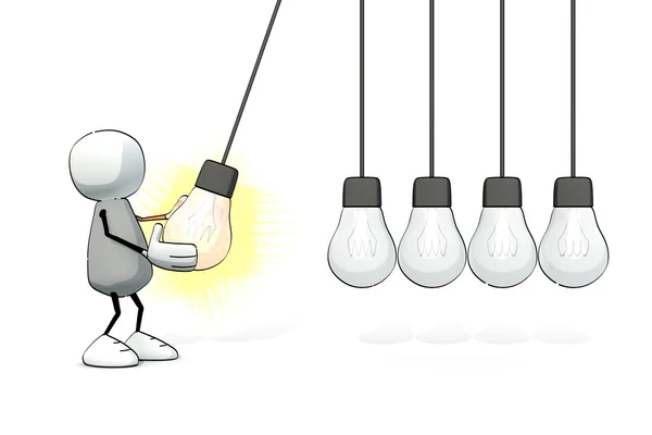 Little sketchy man starting a Newton cradle with a glowing light bulb — Stock Photo, Image