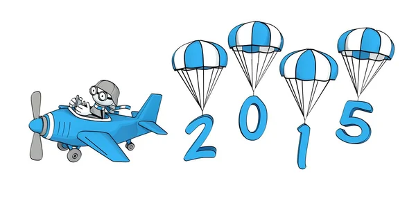 Pequeño hombre incompleto volando en un avión azul y el año 2015 en paracaídas — Foto de Stock