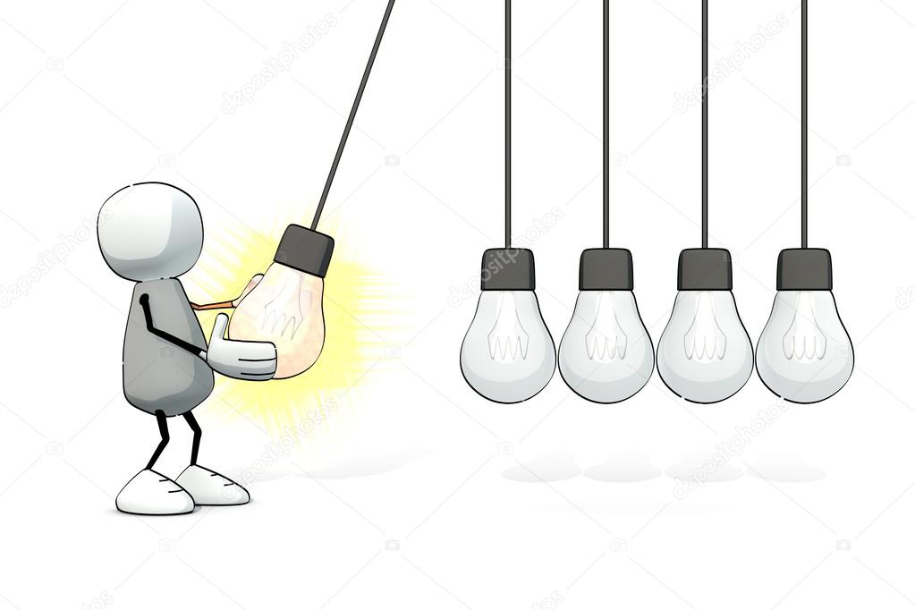 Little sketchy man starting a Newton cradle with a glowing light bulb