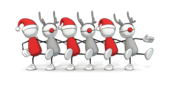Pequenos homens com chapéu de Papai Noel dançando com renas — Fotografia de Stock