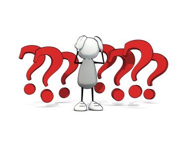 Küçük yarım yamalak adam ile kırmızı questionmarks şaşkın