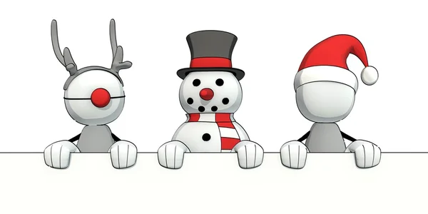 Little sketchy man with santa hat, reindeer and snowman looking over margin — Stock Photo, Image