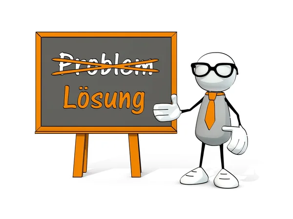 Little sketchy man with tie and glasses and board: Problem - Lösung — Stock Photo, Image