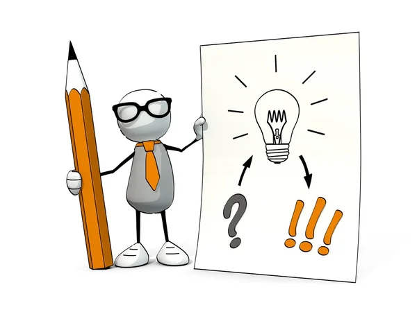 Little sketchy man with tie and glasses - idea generating process — Stock Photo, Image