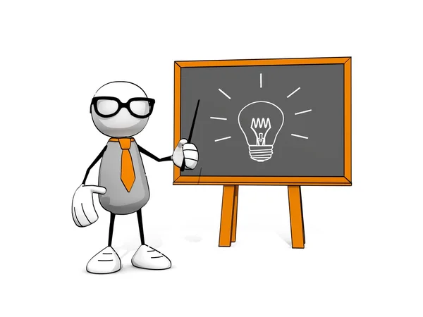 Weinig schetsmatig man met stropdas en glazen een idee presenteren met een schoolbord — Stockfoto