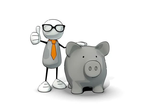 Little sketchy man with tie and glasses and piggy bank - thumb up — Stock Photo, Image