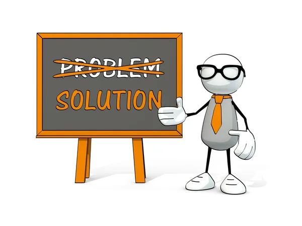 Little sketchy man with tie and glasses and board: problem - solution — Stock Photo, Image