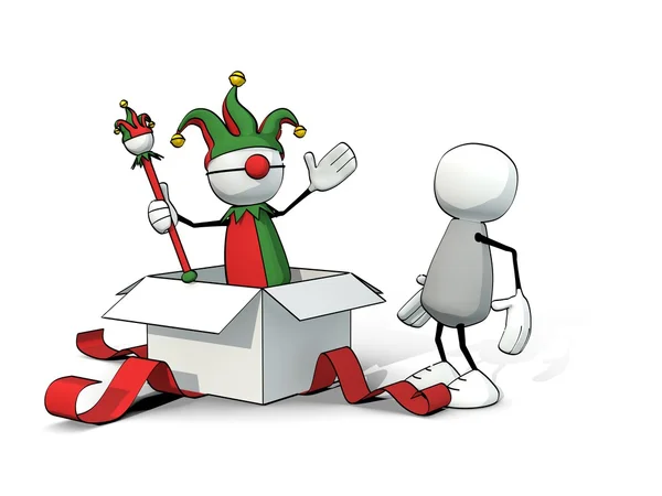 Little sketchy man with jester's Cap jumping out of a gift box — Stock Photo, Image