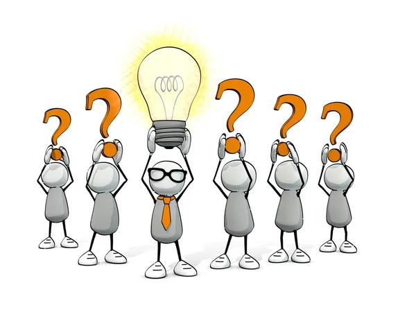 Little sketchy little sketchy man with tie and glasses - glowing light bulb and orange question marks — Stock Photo, Image