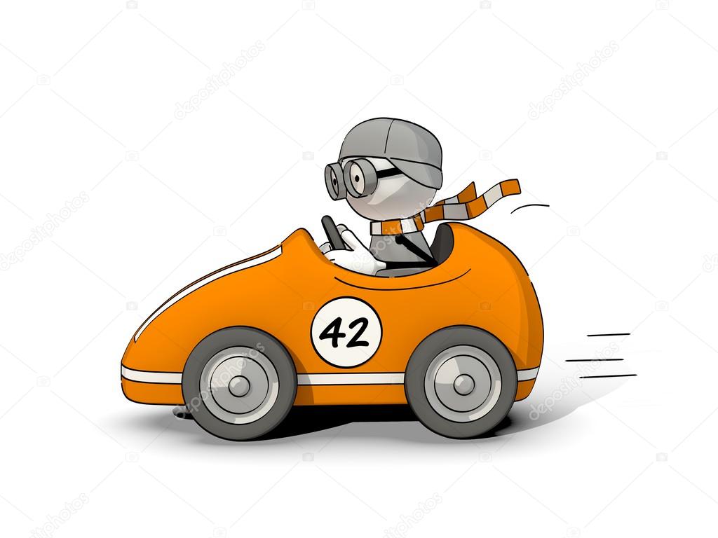 Little sketchy man driving in an orange racing car