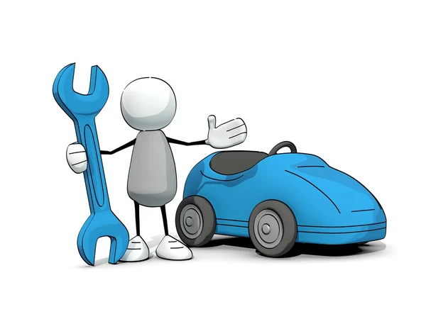 Little sketchy man with wrench and blue car — Stock Photo, Image
