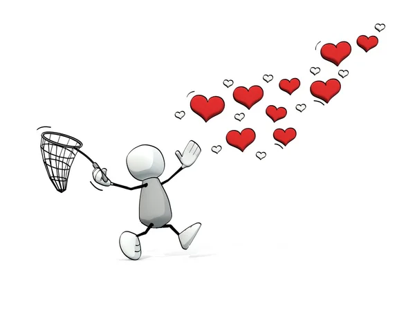 Little sketchy man hunting hearts with a net — Stock Photo, Image