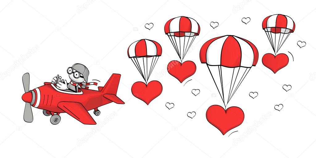 Little sketchy man flying in a red plane and hearts with parachute